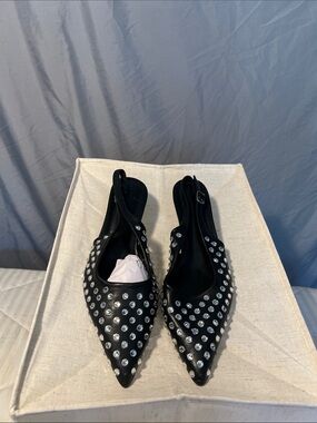 Black Studded Pointed Slingback Short Heels with Crystal Accents